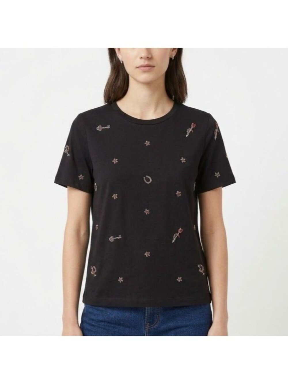 French Connection Size S Black Arrow Embroidered Crew Neck Short Sleeve Blouse T